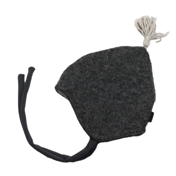10007803 Beanie Haube Mütze mit Bindebändern gefüttert mit Fleece Wolle Wollwalk Walk mit Quaste warm Winter Baby bio organic dunkelgrau grau